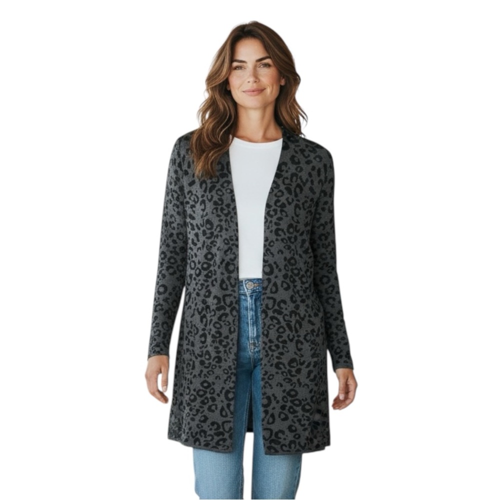 JM Collection Open-Front Cardigan, Gray‎ Jacquard Leopard Print, Gray/Black, Med